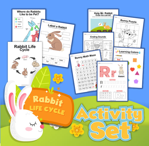 Check out this image of the Rabbit Activity Set from Wondermom Shop! This delightful pack for children includes various worksheets on the rabbit life cycle, interactive cut-and-paste activities, coloring pages, math mazes, labeling parts of a rabbit, and more—all adorned with charming cartoon rabbit illustrations.