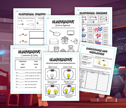 The Electricity Activity Set by Wondermom Shop features educational worksheets about electricity, covering topics such as electrical circuits, appliances, conduction, safety, and charges. Displayed against a science classroom background, this activity set is perfect for hands-on learning.