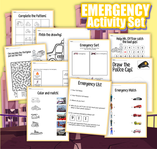 Introducing the Emergency Activity Set by Wondermom Shop, featuring a variety of hands-on learning worksheets on patterns, drawing, sorting, matching, coloring, and emergency preparedness information.