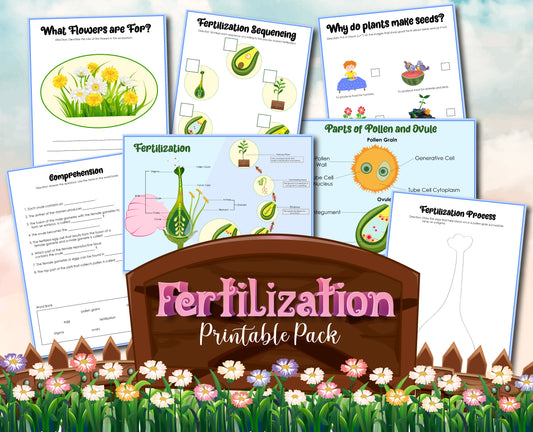 Introducing the "Plant Fertilization Activity Set" by Wondermom Shop, a comprehensive collection of educational worksheets perfect for young botanists. This set features detailed diagrams and engaging activities about plant fertilization, all beautifully displayed against a backdrop of blooming flowers and a charming wooden sign.