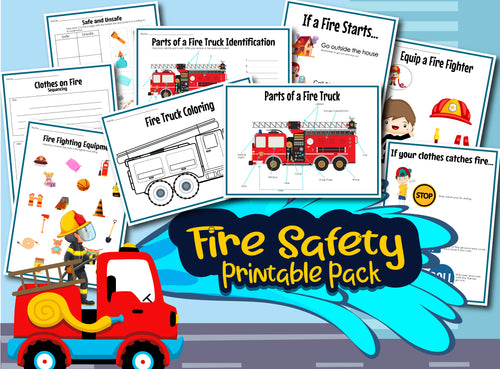 Image of the Fire Safety Activity Set by Wondermom Shop, which includes various worksheets and activities related to fire safety, such as parts of a fire truck, fire safety rules, and firefighting equipment illustrations.