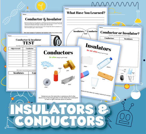 Explore the Insulators and Conductors Activity Set by Wondermom Shop: This comprehensive collage includes educational worksheets on electrical materials featuring tests, illustrations, and activities. The background is adorned with science-themed graphics, while the text at the bottom reads 