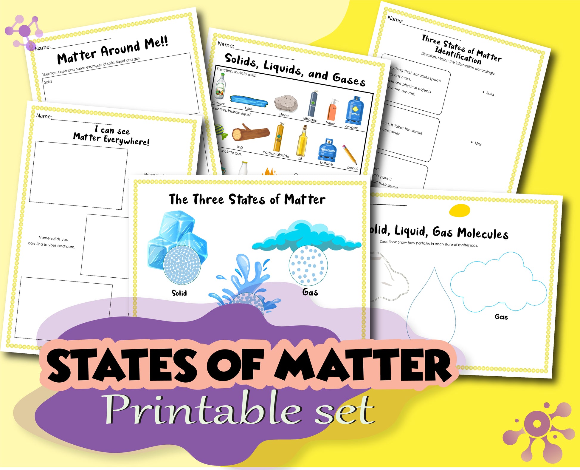 The States of Matter Activity Set from Wondermom Shop is a printable collection that includes worksheets on solids, liquids, gases, and their properties, perfect for young scientists. This engaging activity pack features colorful illustrations of molecules and everyday objects.