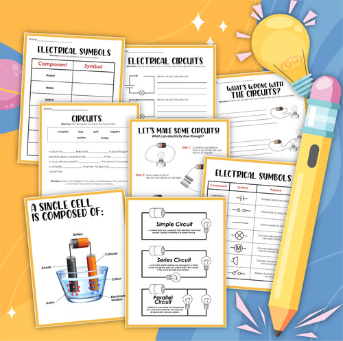 The **Simple Circuits Activity Set** from **Wondermom Shop** is a collection of educational worksheets and guides about simple circuits and electrical components, showcased with a large pencil illustration and a light bulb graphic in the background for hands-on learning.