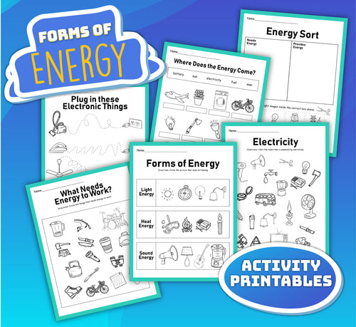 Image showing the Forms of Energy Activity Set from Wondermom Shop, featuring educational printables about energy, including topics like forms of energy, electricity, and sources of energy. Each printable includes diagrams, images, and activities for engaging learning.