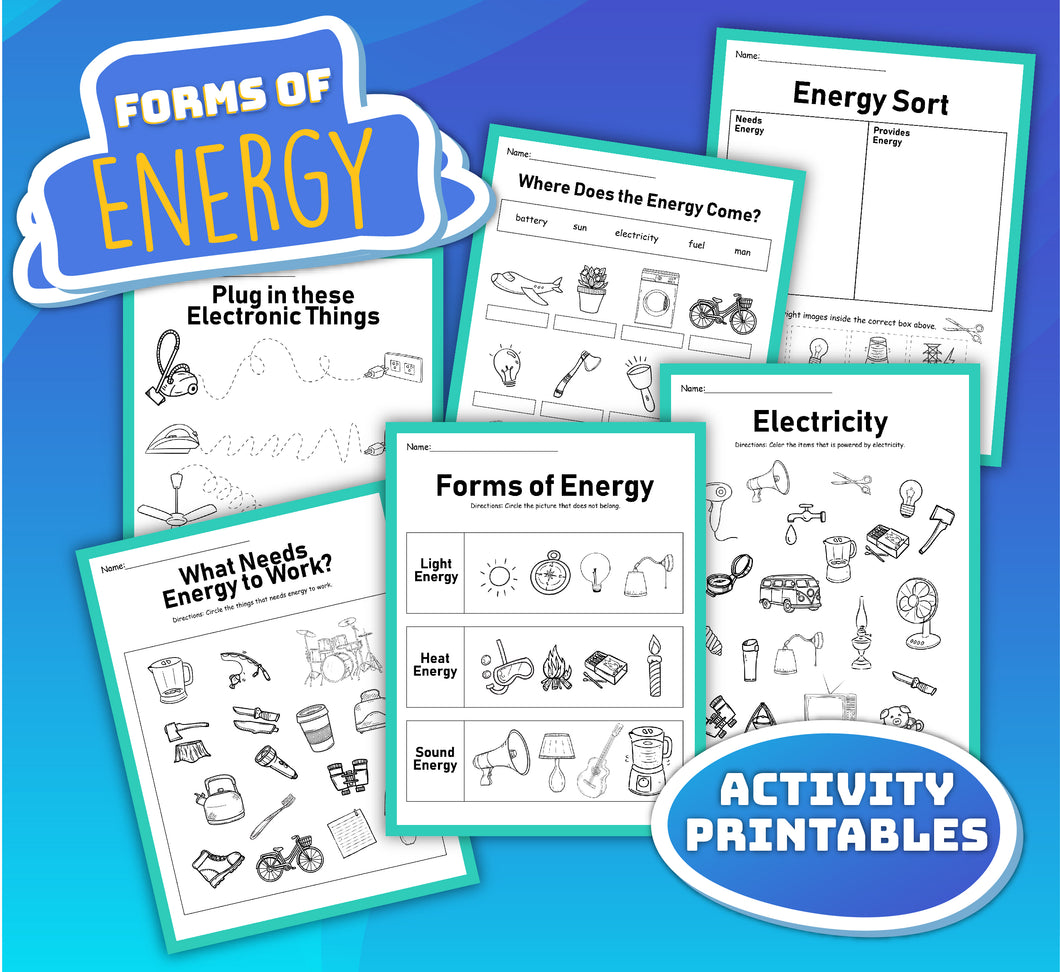 Image showing the Forms of Energy Activity Set from Wondermom Shop, featuring educational printables about energy, including topics like forms of energy, electricity, and sources of energy. Each printable includes diagrams, images, and activities for engaging learning.