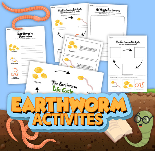 Explore the Earthworm Activity Set from Wondermom Shop, featuring richly illustrated educational materials about earthworms. This set includes interactive worksheets on the earthworm life cycle, observation logs, and engaging writing activities. Keep an eye out for the banner reading 