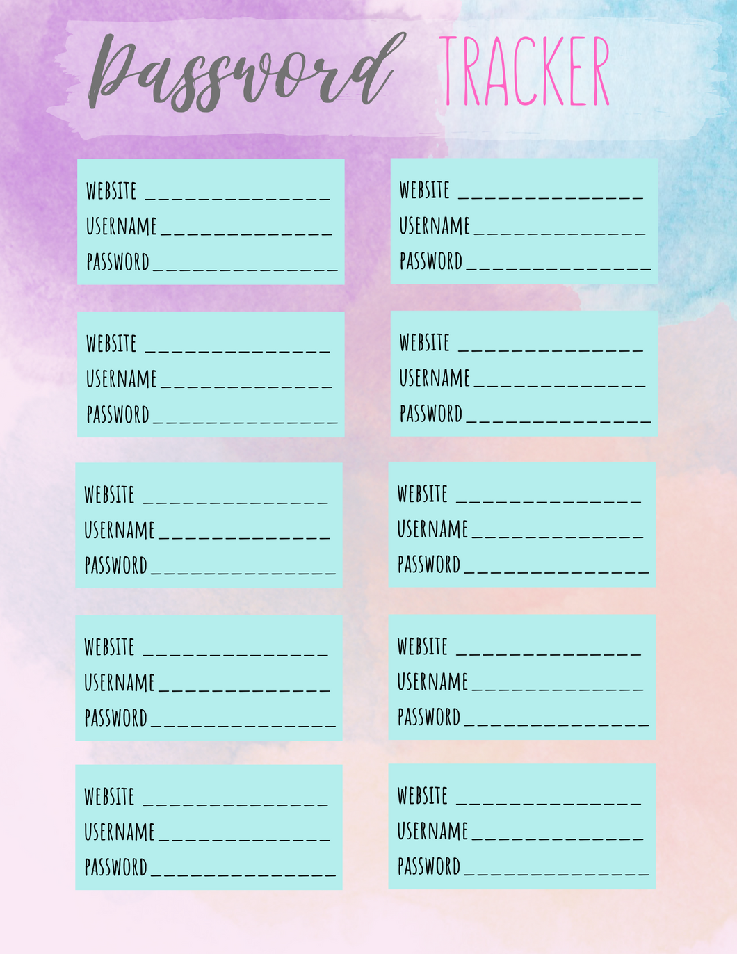 A Wondermom Printables Password Tracker on a watercolor background.