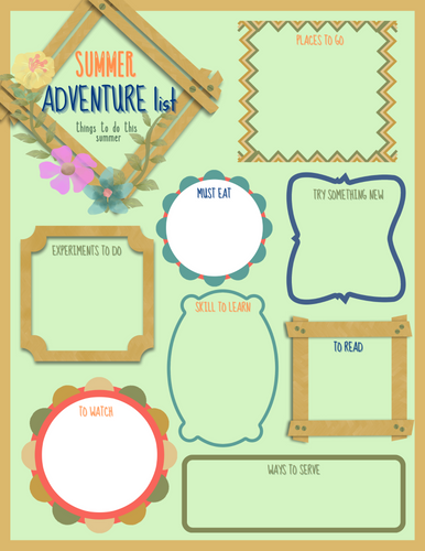 Illustrative Wondermom Printables summer adventure list with themed sections like 