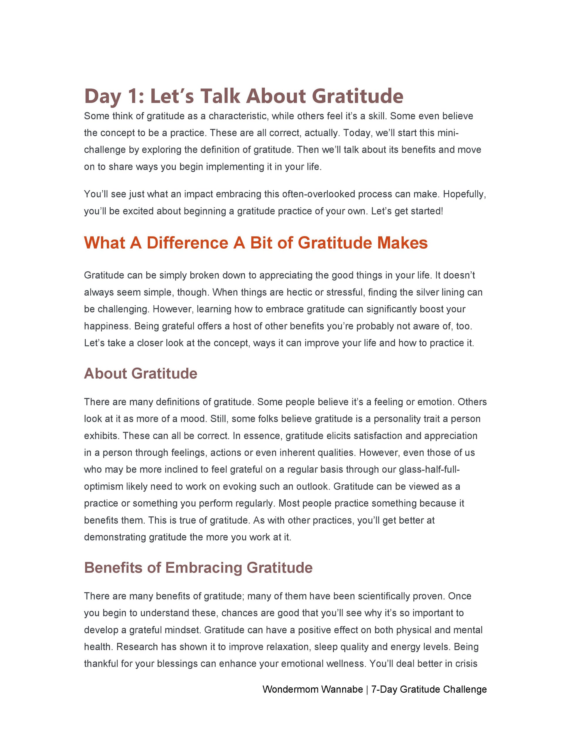 A document titled "Day 1: Let's Talk About Gratitude" discusses the nature of gratitude, its benefits, and introduces the Wondermom Shop's "7-Day Gratitude Journal Ebook," which offers a seven-day challenge designed to help practice and embrace this important mindset.