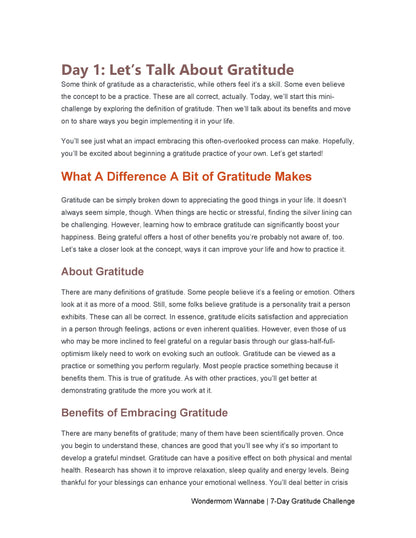 A document titled "Day 1: Let's Talk About Gratitude" discusses the nature of gratitude, its benefits, and introduces the Wondermom Shop's "7-Day Gratitude Journal Ebook," which offers a seven-day challenge designed to help practice and embrace this important mindset.