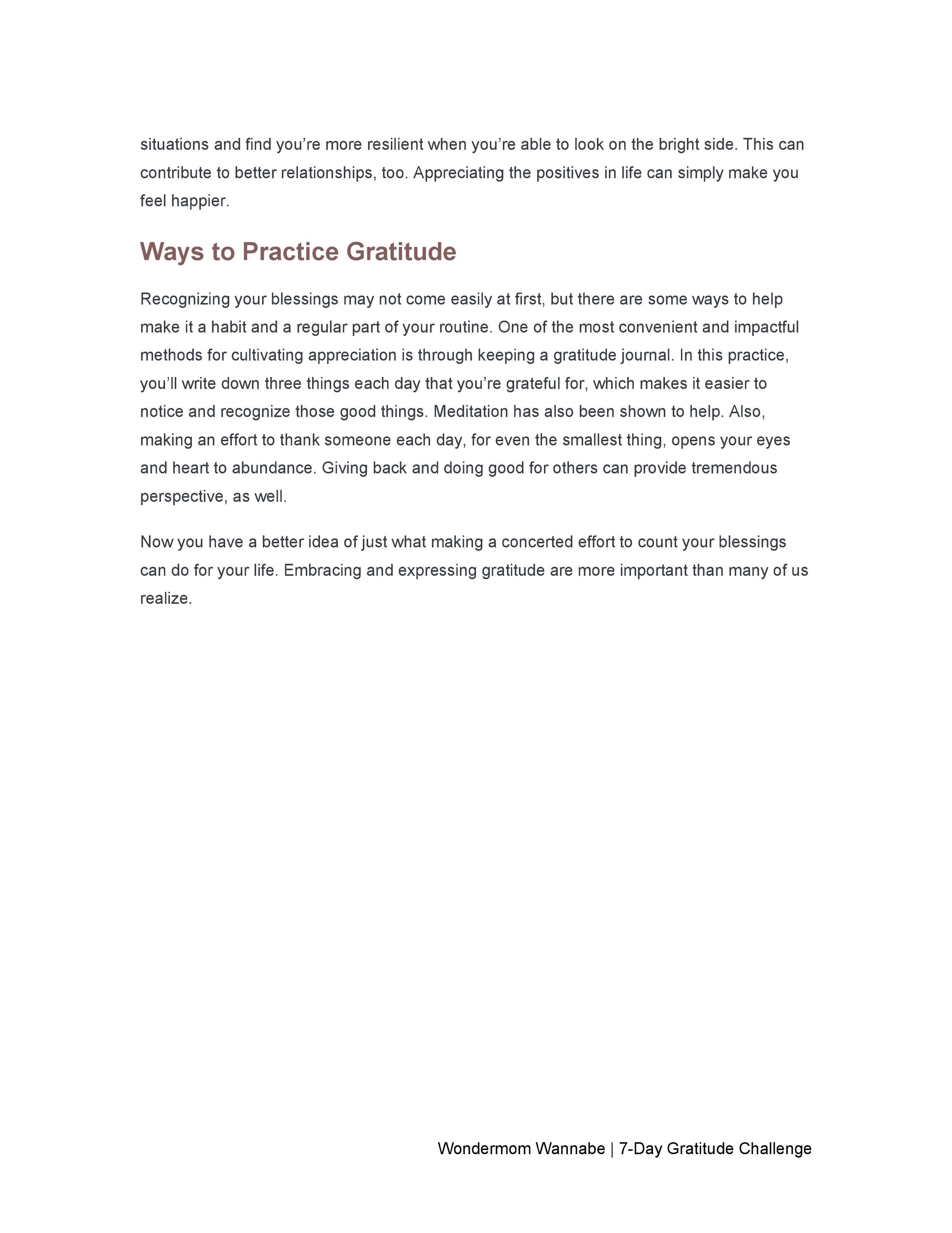 A digital product titled "7-Day Gratitude Journal Ebook" from Wondermom Shop offers text describing methods to practice gratitude and their benefits.