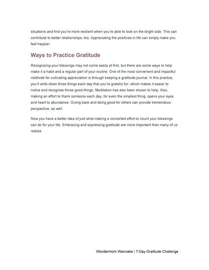 A digital product titled "7-Day Gratitude Journal Ebook" from Wondermom Shop offers text describing methods to practice gratitude and their benefits.