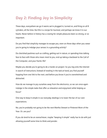 A printed document titled "Day 2: Finding Joy in Simplicity," from the "30 Days of Gratitude Ebook" by Wondermom Shop, discussing managing stress by simplifying daily routines and maintaining an attitude of gratitude.