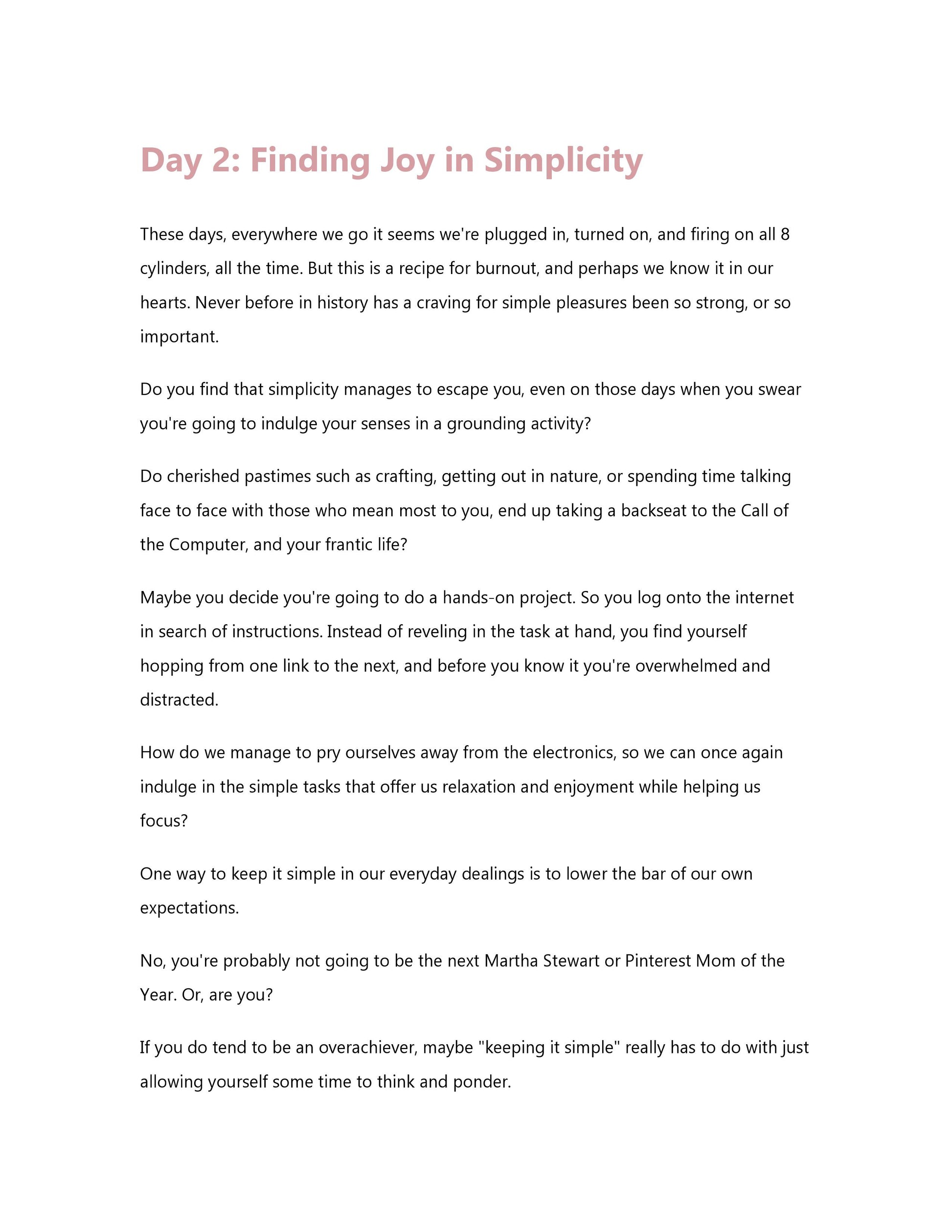 A text document titled "Day 2: Finding Joy in Simplicity" discusses the importance of simplifying daily life tasks to reduce stress and find joy, while also emphasizing the value of personal time. Part of the Wondermom Shop's "30 Days of Gratitude Bundle," it suggests using a Gratitude Journal to capture daily moments that bring happiness.