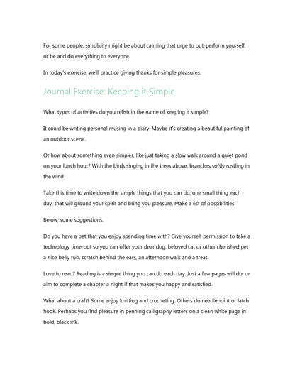 Image of a typed journal exercise about keeping it simple. The exercise encourages recording simple activities that bring joy, such as naps, walks, reading, crafting, or creating art. Perfect for your 30 Days of Gratitude Bundle by Wondermom Shop!