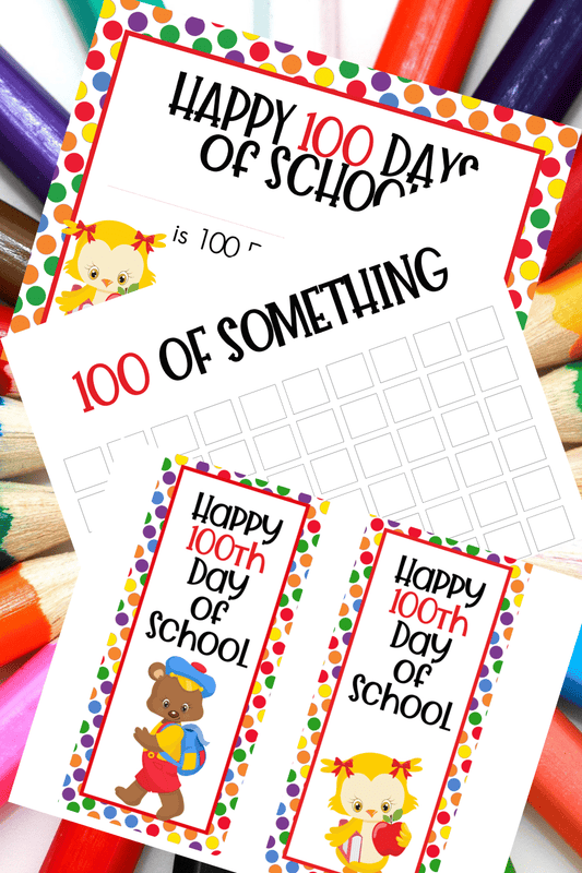 The VIP Vault 100th Day of School Activity Set provides colorful school celebration materials, including signs and worksheets themed around the 100th day of school, featuring festive graphics and text. This Activity Set enhances students' learning, with pencils displayed in the background.