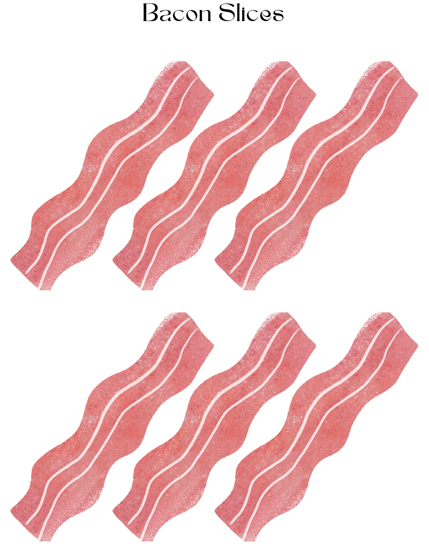 Illustration of six wavy bacon slices, ideal for aspiring chefs, arranged in two rows of three against a plain background. This digital product is perfect for enhancing the Burger Joint Pretend Play Kit by Wondermom Shop.