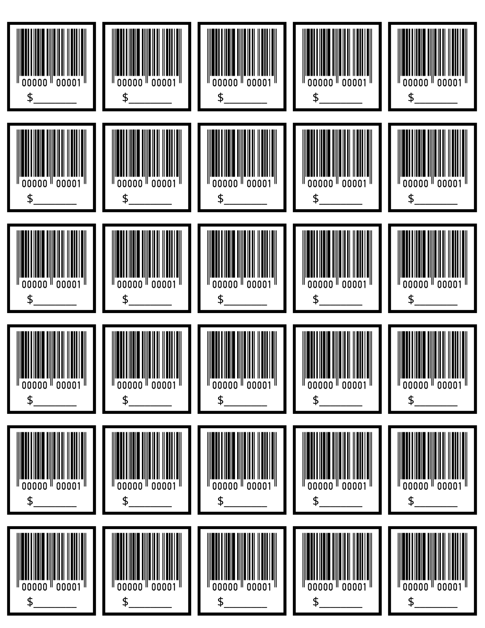 A grid of identical barcode images with blank price tags underneath each one evokes a pretend store atmosphere, making it ideal for the Grocery Store Pretend Play Kit from Wondermom Shop to help children learn grocery shopping.