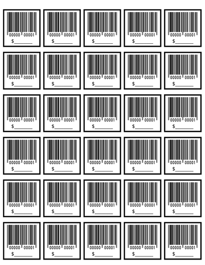 A grid of identical barcode images with blank price tags underneath each one evokes a pretend store atmosphere, making it ideal for the Grocery Store Pretend Play Kit from Wondermom Shop to help children learn grocery shopping.