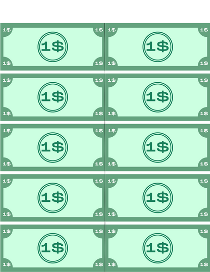 An illustration showcasing twelve one-dollar bills neatly arranged in a grid pattern, ideal for the Grocery Store Pretend Play Kit by Wondermom Shop, allowing children to experience realistic grocery shopping and enhancing their imaginative store play.