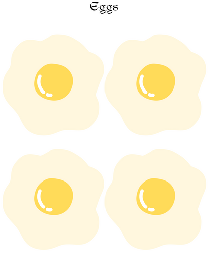 Featuring an illustration of four fried eggs with yellow yolks and white edges, arranged in a 2x2 grid—ideal for aspiring chefs who want to enrich their digital products or add flair to the Burger Joint Pretend Play Kit by Wondermom Shop.