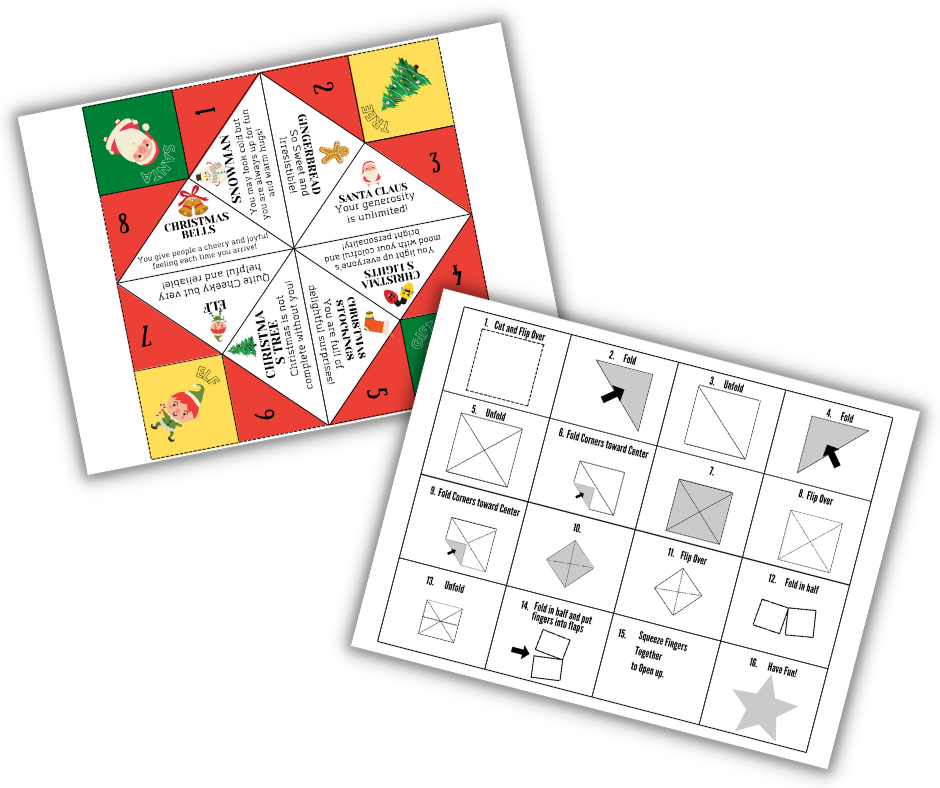 Two printable activities featuring paper fortune tellers (cootie catchers), one with a Christmas-themed design and the other adorned with various geometric shapes, offered as the Wondermom Shop's Christmas Kids Activities Bundle.