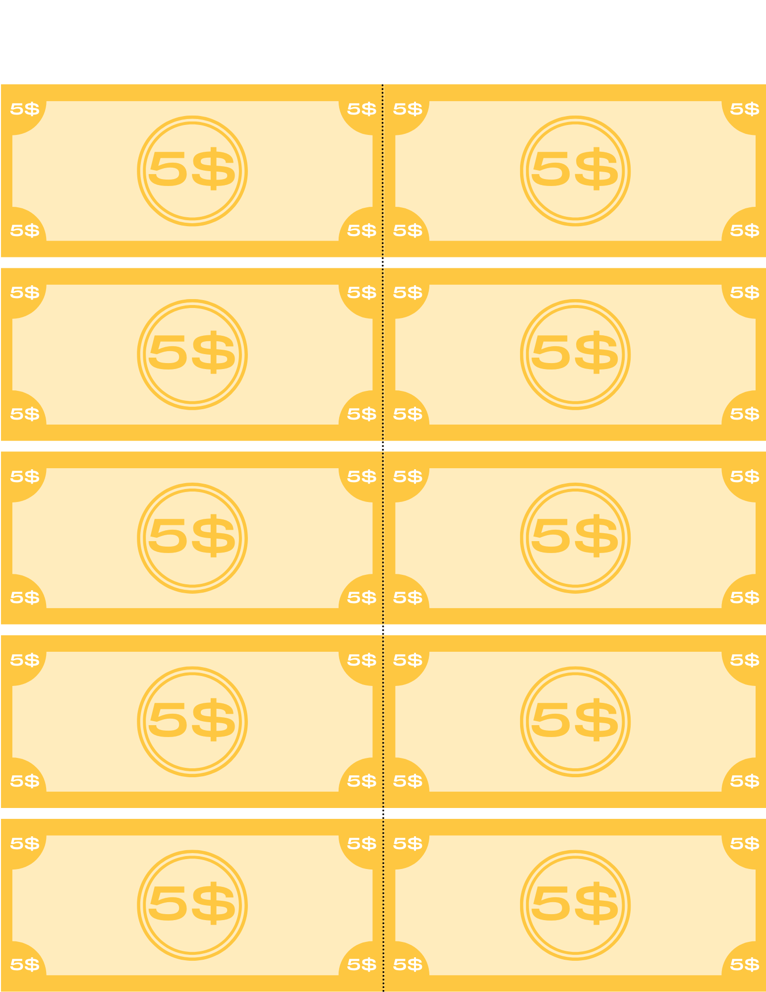 A grid of ten five-dollar bills in yellow, organized in two columns and five rows, ideal for the Wondermom Shop's Grocery Store Pretend Play Kit where children can experience grocery shopping.