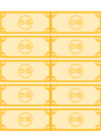 A grid of ten five-dollar bills in yellow, organized in two columns and five rows, ideal for the Wondermom Shop's Grocery Store Pretend Play Kit where children can experience grocery shopping.