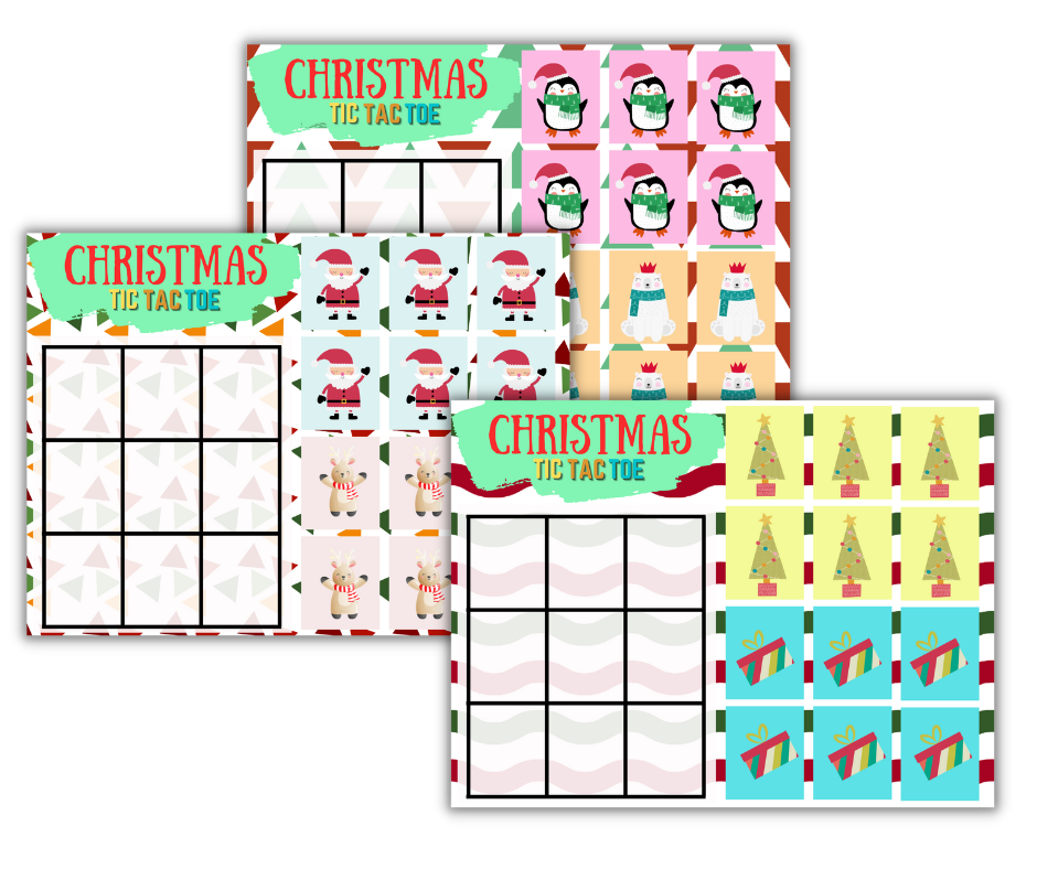 Assorted Christmas-themed printable tic-tac-toe game sheets with festive symbols and characters from the Wondermom Shop Christmas Kids Activities Bundle.
