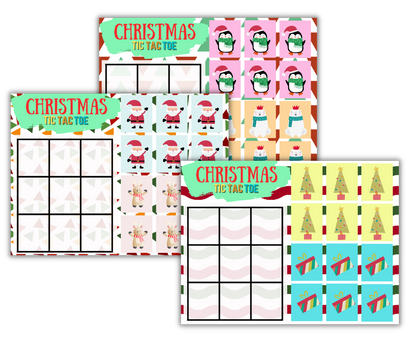 Assorted Christmas-themed printable tic-tac-toe game sheets with festive symbols and characters from the Wondermom Shop Christmas Kids Activities Bundle.