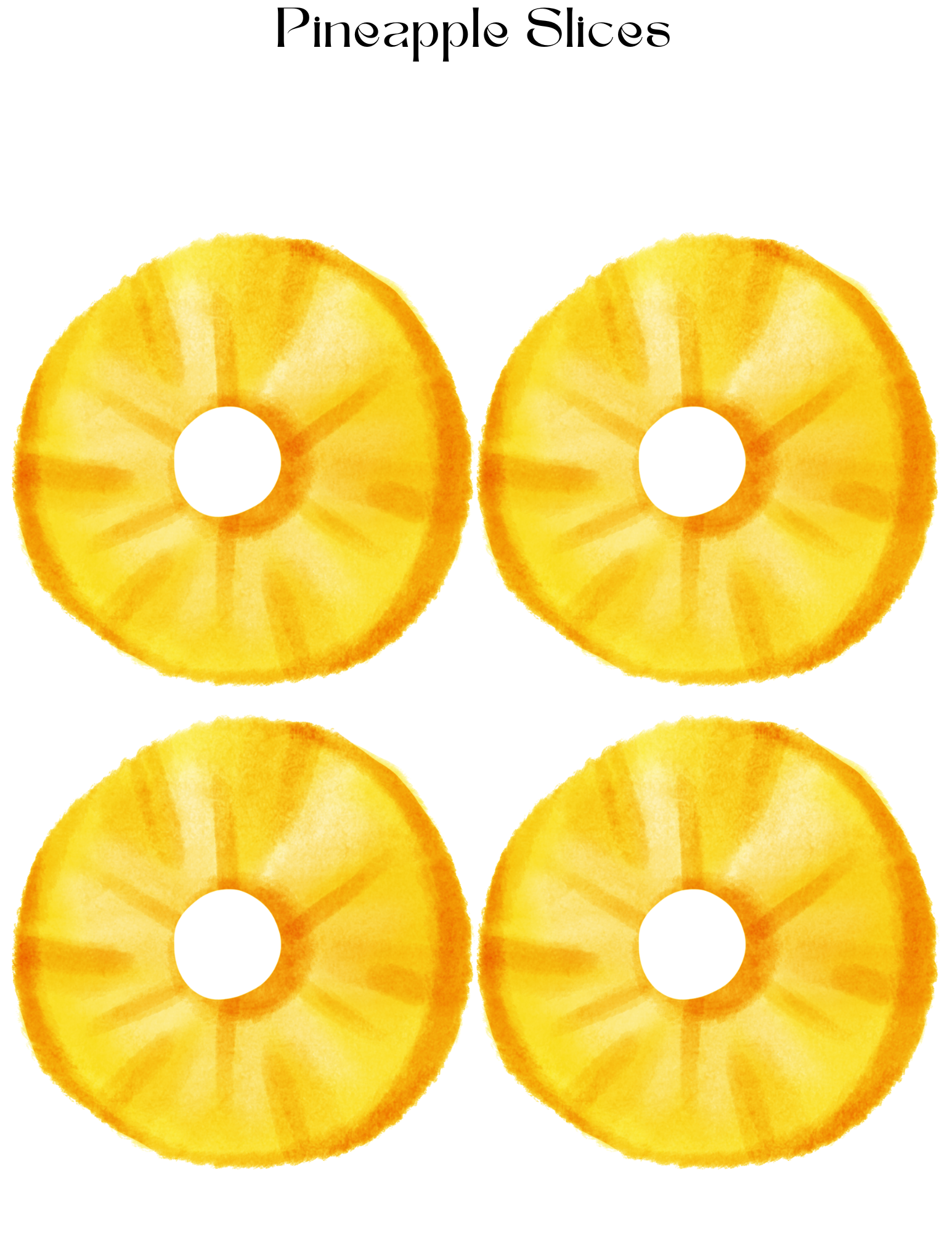 Illustration of four yellow pineapple slices arranged in a grid pattern on a white background, ideal for aspiring chefs to incorporate into the Burger Joint Pretend Play Kit from Wondermom Shop or use in digital product design.