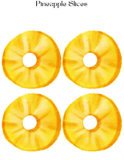 Illustration of four yellow pineapple slices arranged in a grid pattern on a white background, ideal for aspiring chefs to incorporate into the Burger Joint Pretend Play Kit from Wondermom Shop or use in digital product design.