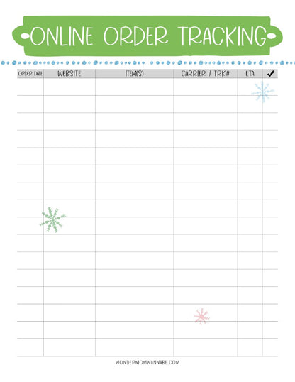 A The Most Wonderful Time of the Year Christmas Planner featuring an online order tracking sheet with a snowflake on it from Wondermom Shop.
