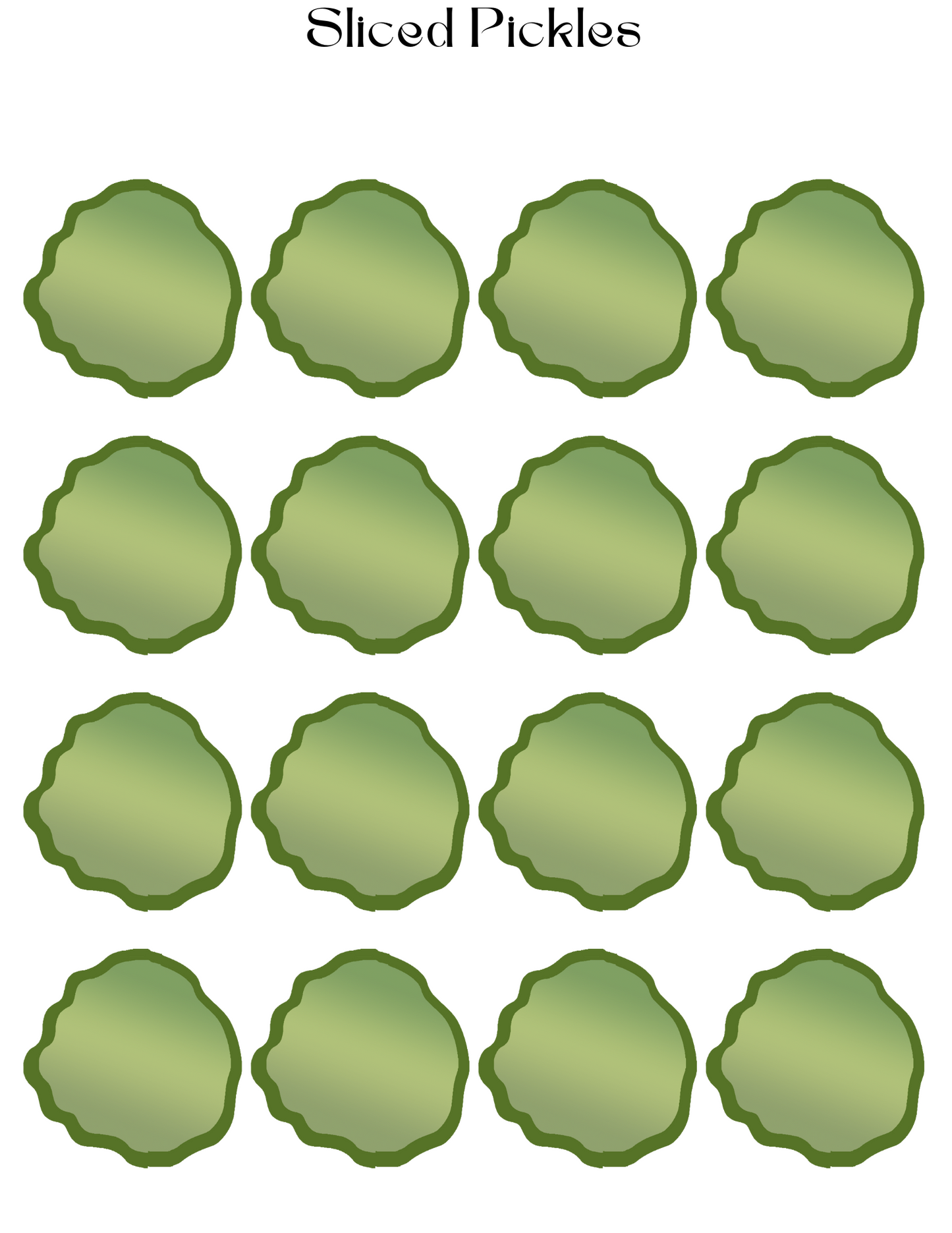 Illustration of sixteen evenly spaced, green pickle slices arranged in a grid pattern, ideal for Wondermom Shop's Burger Joint Pretend Play Kit, perfect for an aspiring chef's digital product.