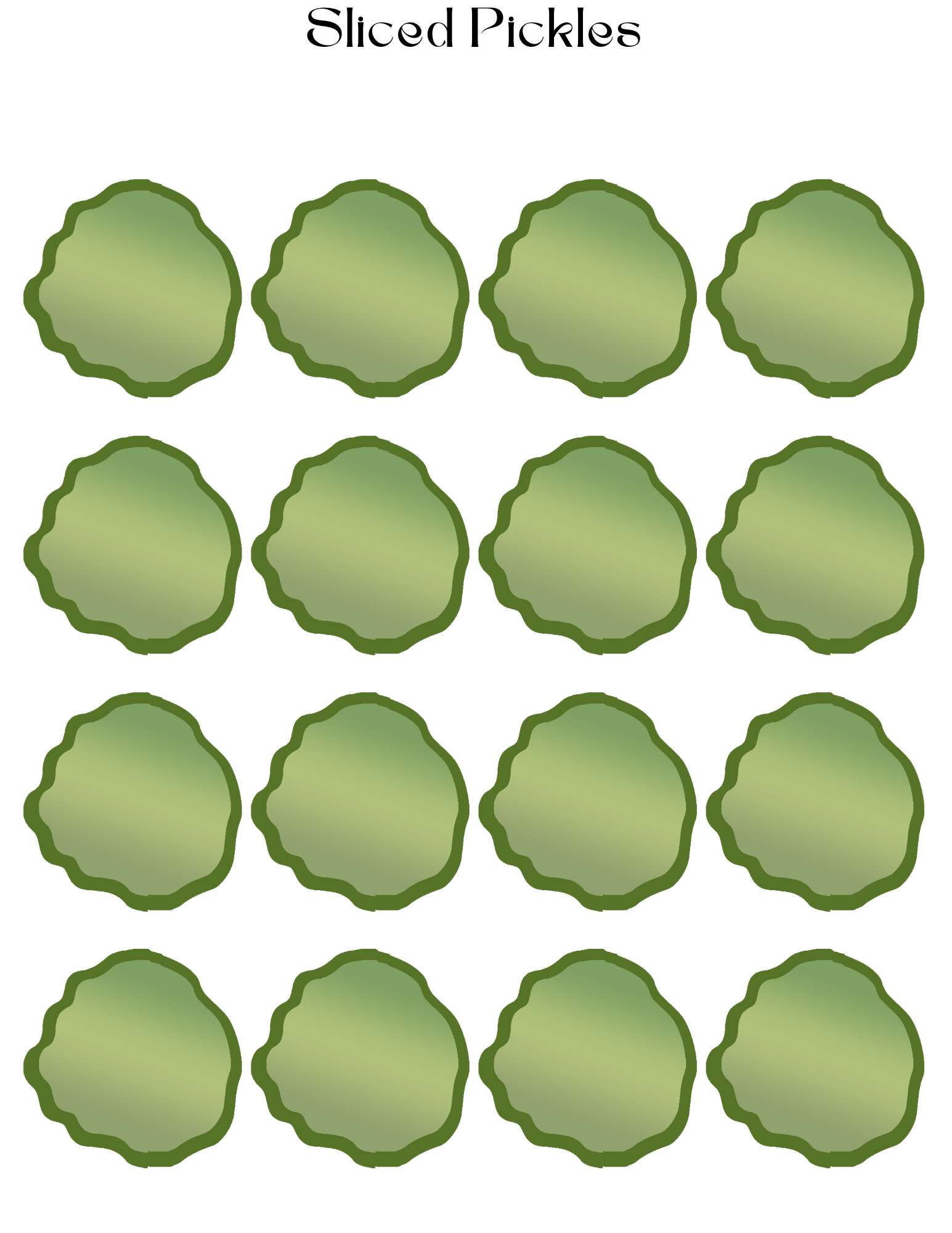Illustration of sixteen evenly spaced, green pickle slices arranged in a grid pattern, ideal for Wondermom Shop's Burger Joint Pretend Play Kit, perfect for an aspiring chef's digital product.