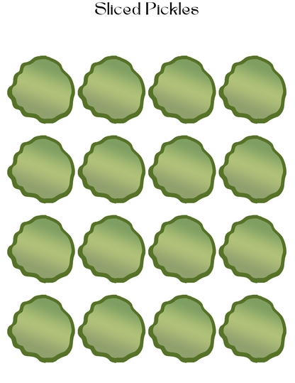 Illustration of sixteen evenly spaced, green pickle slices arranged in a grid pattern, ideal for Wondermom Shop's Burger Joint Pretend Play Kit, perfect for an aspiring chef's digital product.
