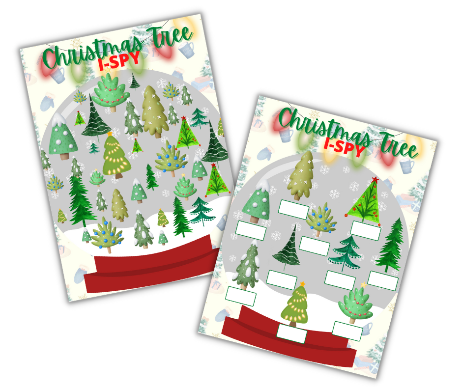 Two variations of a Christmas-themed "i spy" activity sheet with a place for answers, designed as printable activities and digital product from Wondermom Shop's Christmas Kids Activities Bundle.
