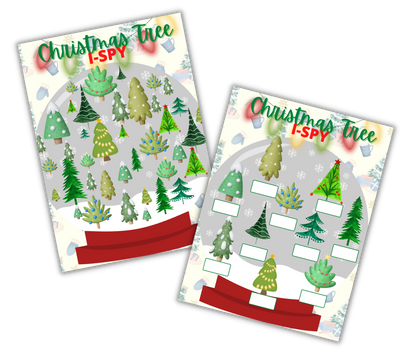 Two variations of a Christmas-themed "i spy" activity sheet with a place for answers, designed as printable activities and digital product from Wondermom Shop's Christmas Kids Activities Bundle.