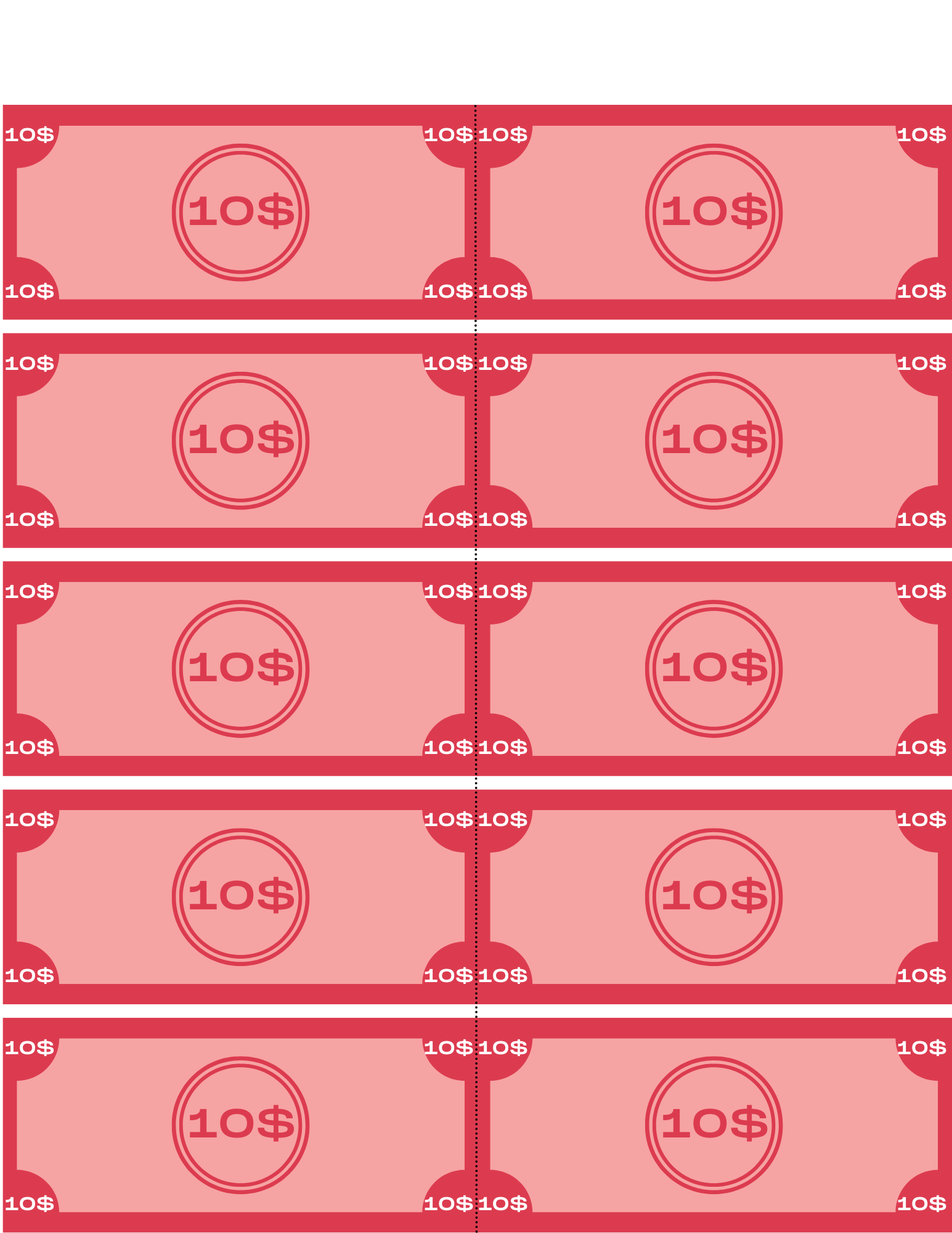 Illustration featuring ten red $10 bills from Wondermom Shop's Grocery Store Pretend Play Kit, arranged in two columns with five bills each. This setup is ideal for helping children learn about grocery shopping by making the pretend store experience feel realistic.