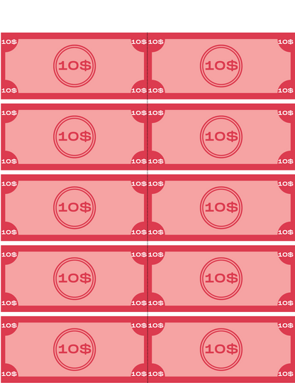 Illustration featuring ten red $10 bills from Wondermom Shop's Grocery Store Pretend Play Kit, arranged in two columns with five bills each. This setup is ideal for helping children learn about grocery shopping by making the pretend store experience feel realistic.