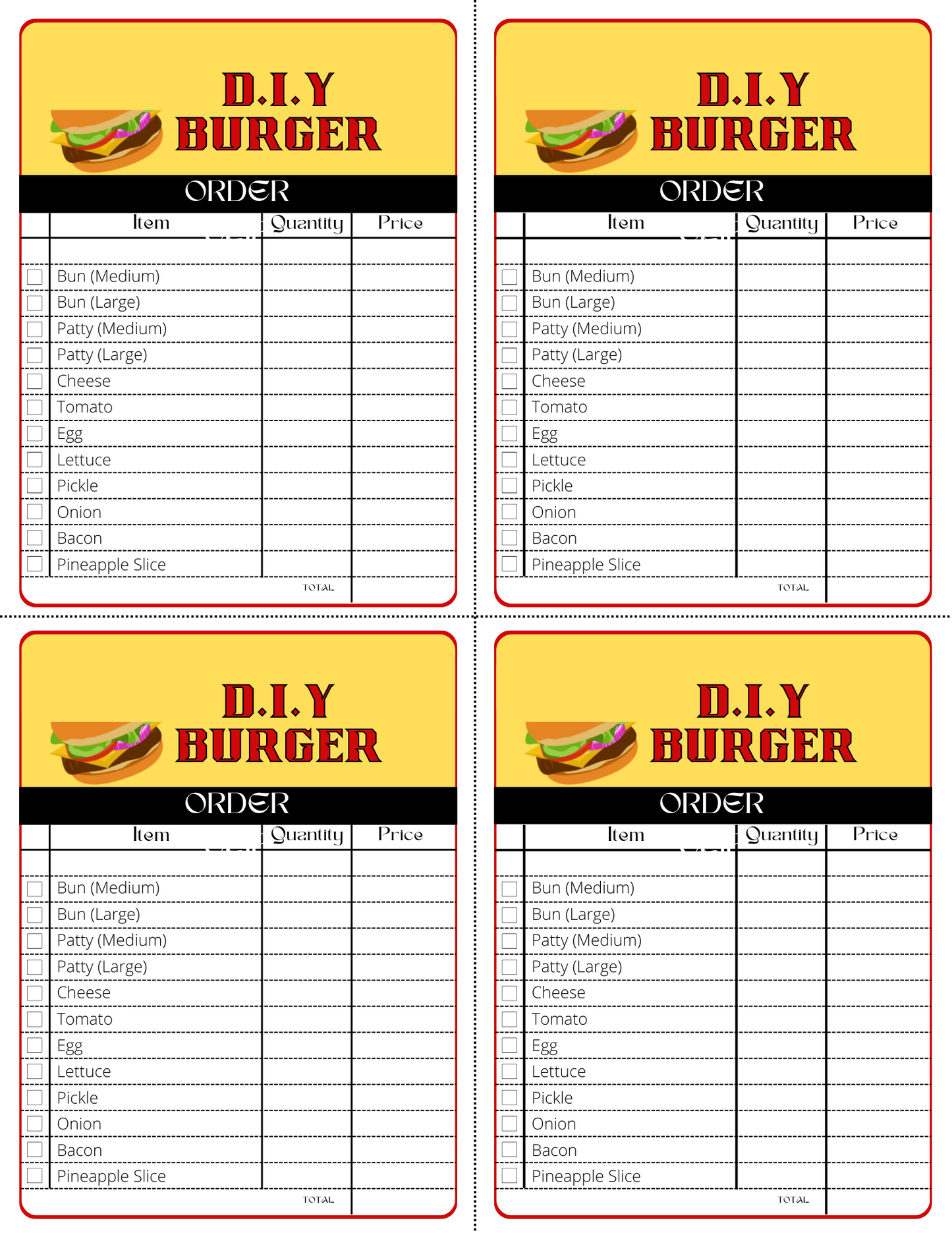 The Burger Joint Pretend Play Kit by Wondermom Shop is ideal for budding chefs, featuring an order form with sections to list items, quantities, and prices. It offers options for bun sizes, patties, and toppings such as cheese, tomato, egg, and bacon. This product is available as a digital item or a pretend play kit with four identical forms to spark creativity.