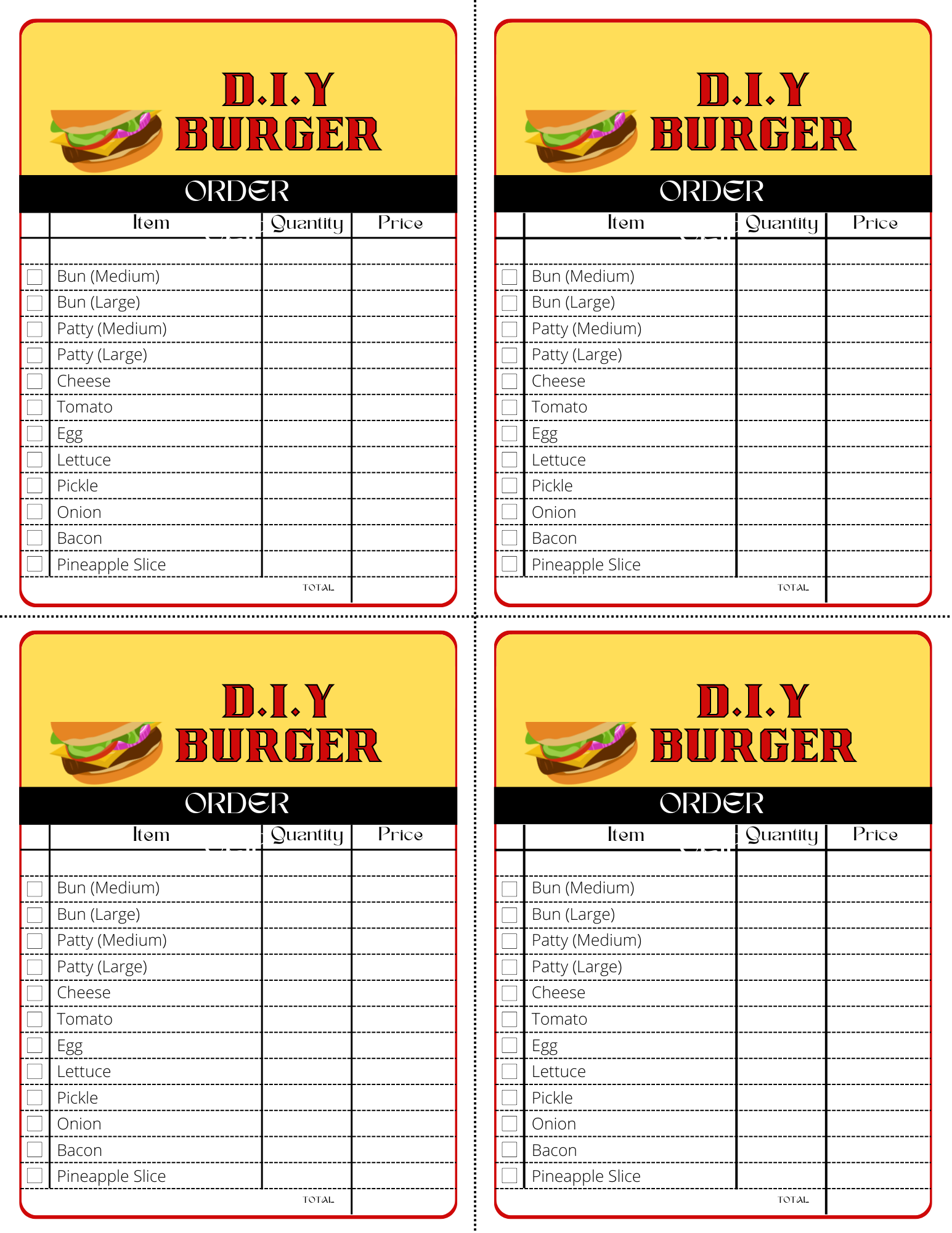The Burger Joint Pretend Play Kit by Wondermom Shop is ideal for budding chefs, featuring an order form with sections to list items, quantities, and prices. It offers options for bun sizes, patties, and toppings such as cheese, tomato, egg, and bacon. This product is available as a digital item or a pretend play kit with four identical forms to spark creativity.