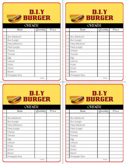The Burger Joint Pretend Play Kit by Wondermom Shop is ideal for budding chefs, featuring an order form with sections to list items, quantities, and prices. It offers options for bun sizes, patties, and toppings such as cheese, tomato, egg, and bacon. This product is available as a digital item or a pretend play kit with four identical forms to spark creativity.