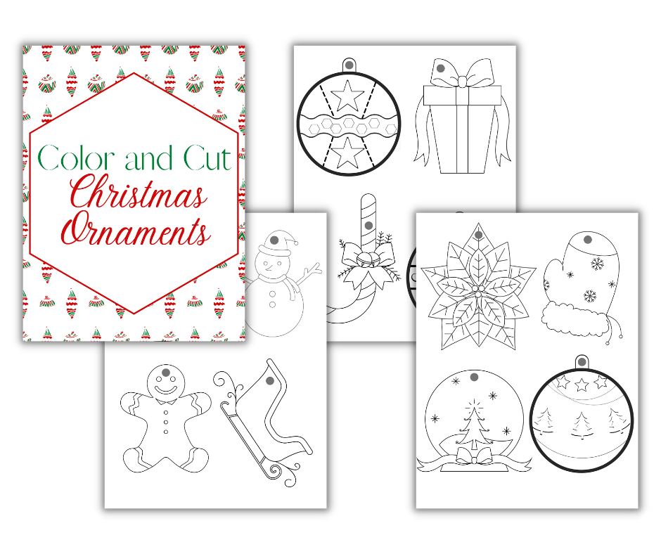 Black and white Christmas Kids Activities Bundle: coloring sheets with a title saying "color and cut Christmas ornaments" by Wondermom Shop.