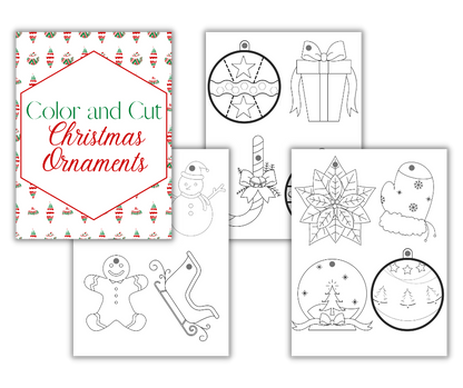 Black and white Christmas Kids Activities Bundle: coloring sheets with a title saying "color and cut Christmas ornaments" by Wondermom Shop.