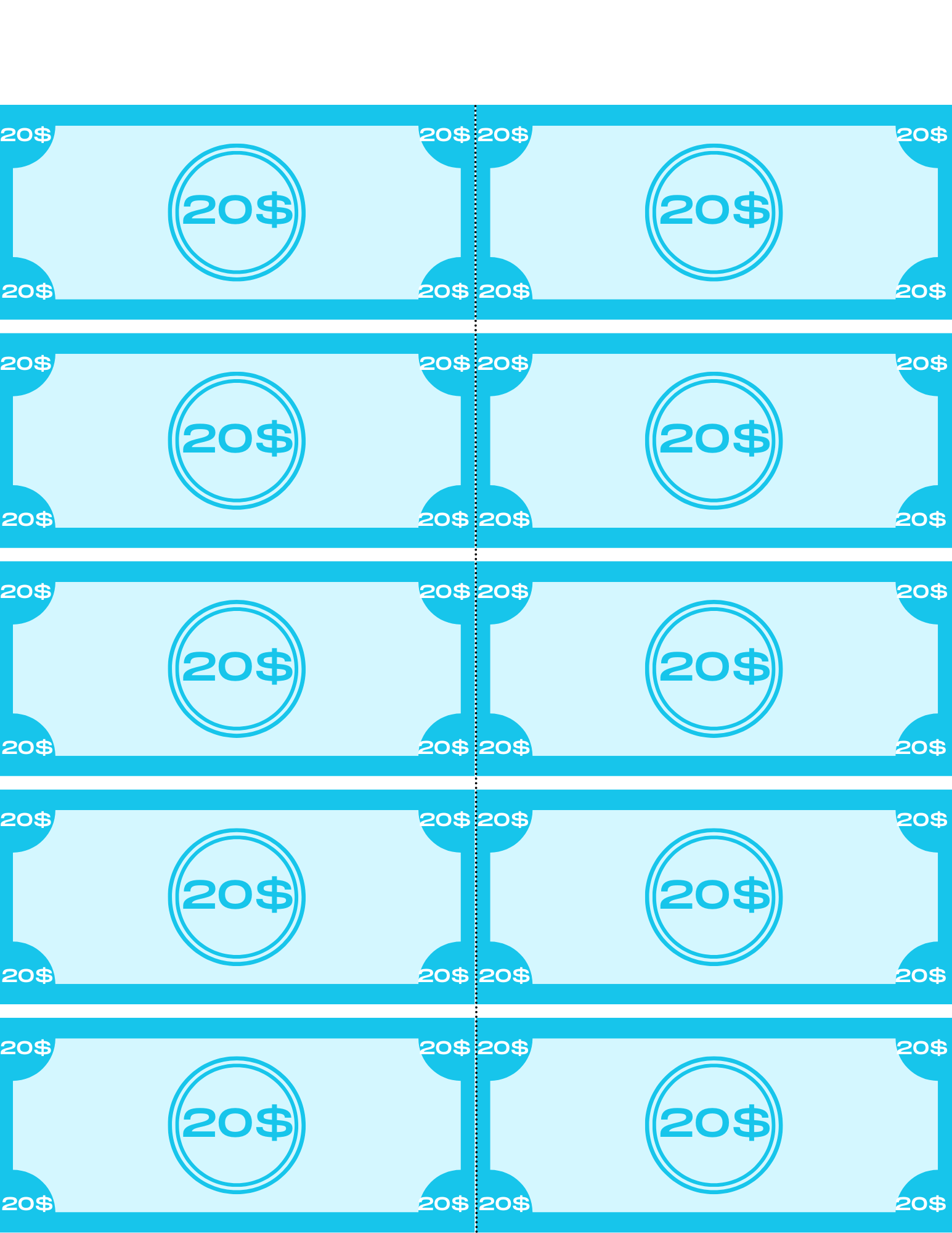 Eight blue and white $20 bills are arranged in two columns, making them a perfect addition to the Wondermom Shop's Grocery Store Pretend Play Kit, designed to enhance children's learning about money.