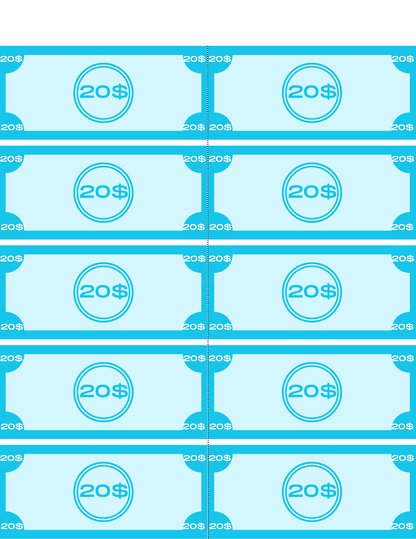 Eight blue and white $20 bills are arranged in two columns, making them a perfect addition to the Wondermom Shop's Grocery Store Pretend Play Kit, designed to enhance children's learning about money.