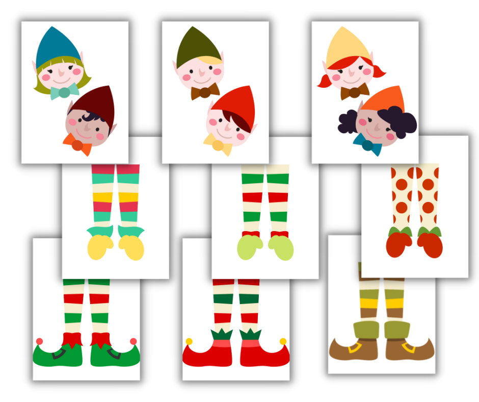 Various illustrations of whimsical elf characters and colorful legs in striped stockings and fantasy shoes, perfect for Wondermom Shop's Christmas Kids Activities Bundle.