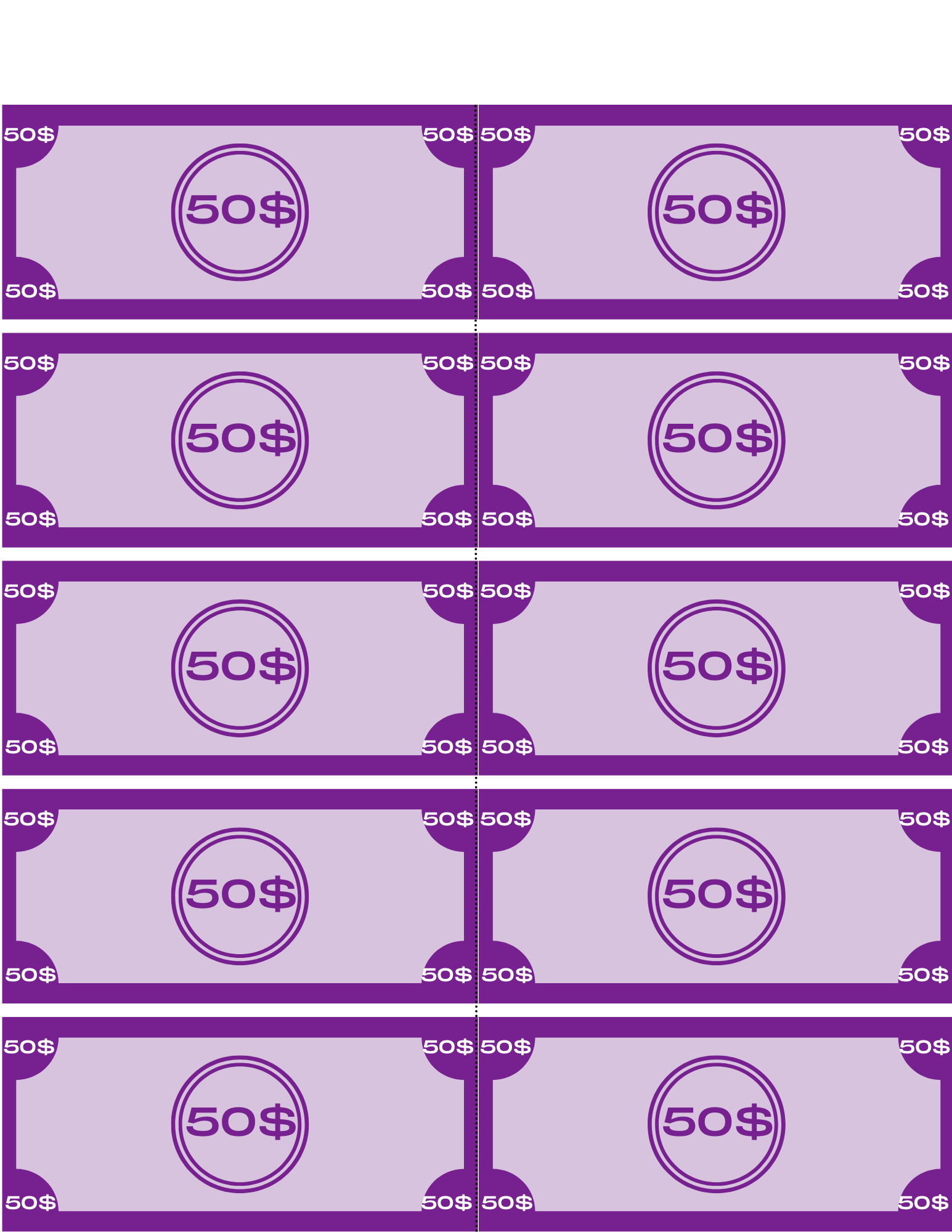 Ten pretend purple 50-dollar bills are arranged in two columns, making them ideal for a children's learning activity included in the Wondermom Shop's Grocery Store Pretend Play Kit.